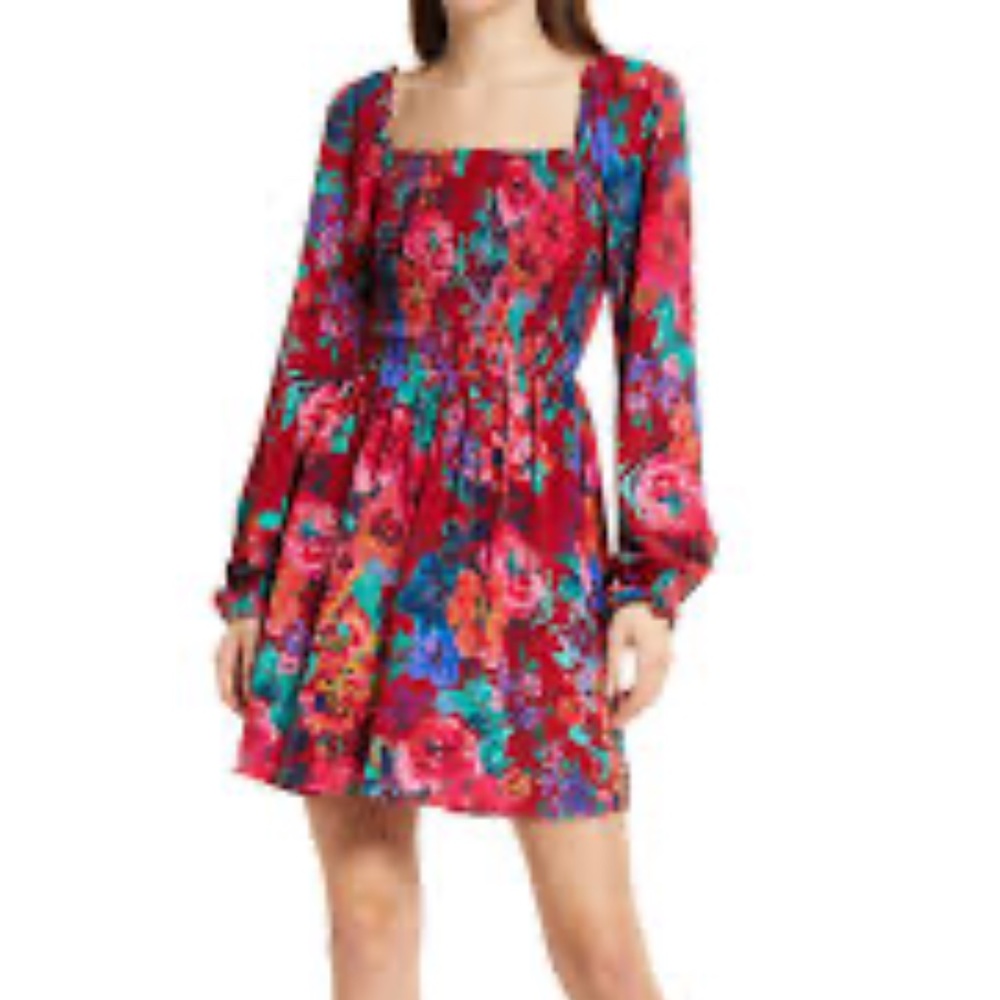 Charles Henry Floral Print Smocked Long Sleeve Minidress